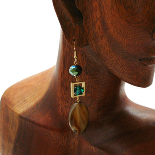 Oval brown stone with framed teal crystal on long hook earrings | Wholesale Fashion Jewelry | Alternate photo