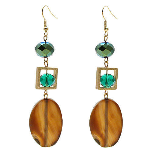 Oval brown stone with framed teal crystal on long hook earrings | Wholesale Fashion Jewelry | Item photo