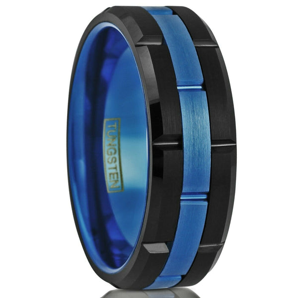 Brushed finish black notched tungsten carbide band ring | Brushed sapphire blue notched center band | White photo