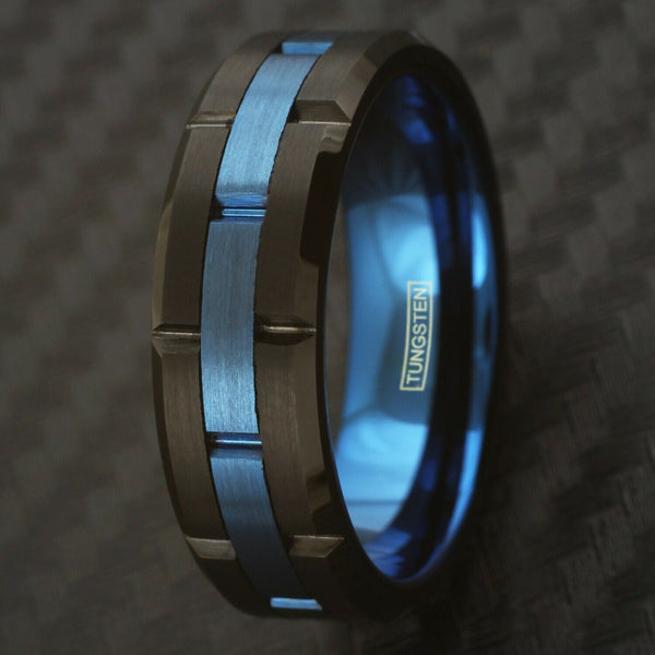 Brushed finish black notched tungsten carbide band ring | Brushed sapphire blue notched center band | Front photo