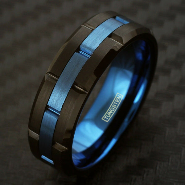 Brushed finish black notched tungsten carbide band ring | Brushed sapphire blue notched center band | Tilted photo