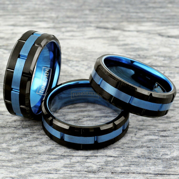 Brushed finish black notched tungsten carbide band ring | Brushed sapphire blue notched center band | Group photo