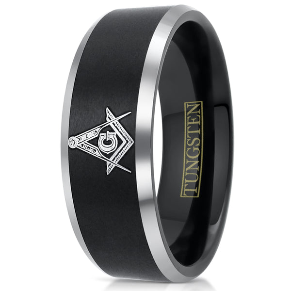 Beautiful Black Tungsten Band Ring with Masonic (Freemason) Symbol in Gold