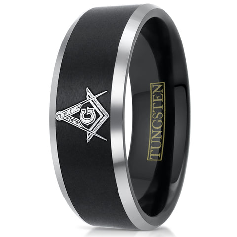 Beautiful Black Tungsten Band Ring with Masonic (Freemason) Symbol in Gold
