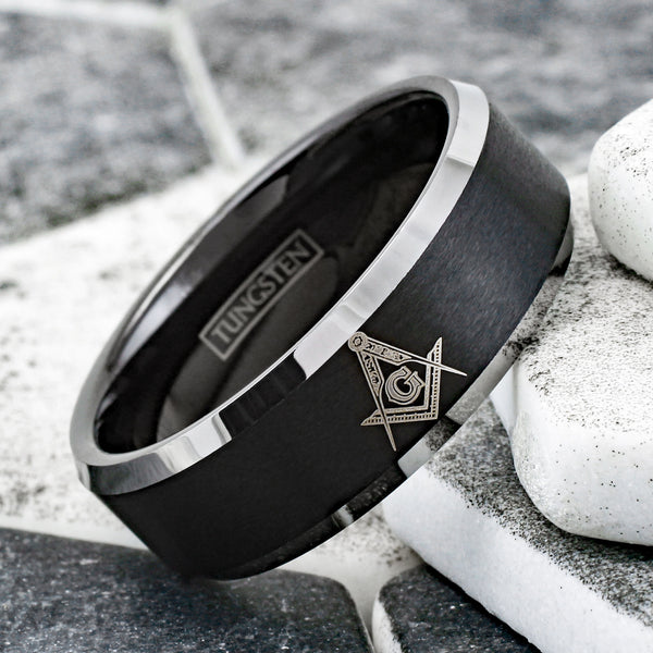 Beautiful Black Tungsten Band Ring with Masonic (Freemason) Symbol in Gold