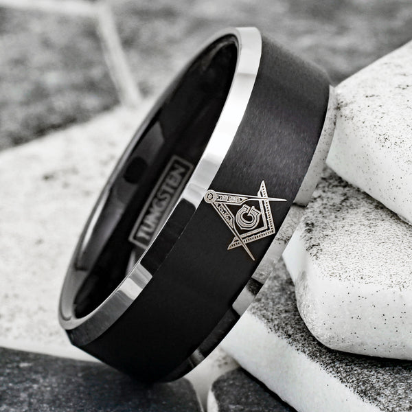 Beautiful Black Tungsten Band Ring with Masonic (Freemason) Symbol in Gold