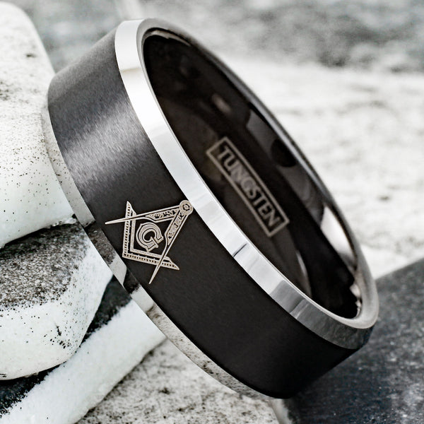 Beautiful Black Tungsten Band Ring with Masonic (Freemason) Symbol in Gold