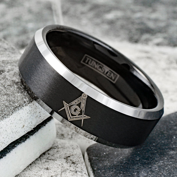 Beautiful Black Tungsten Band Ring with Masonic (Freemason) Symbol in Gold