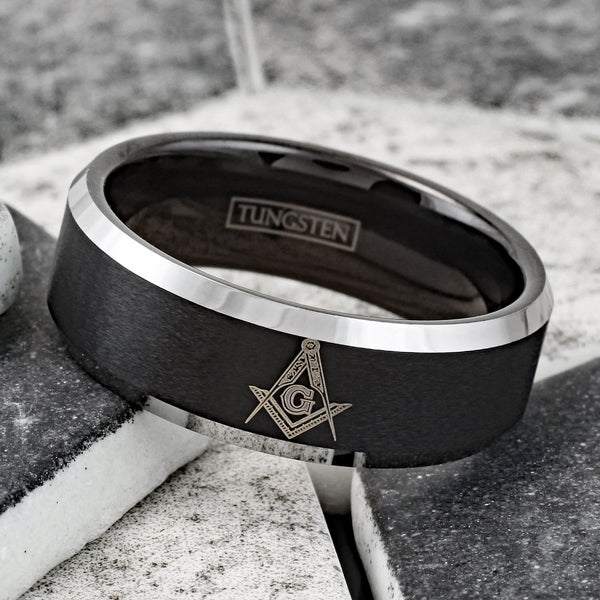 Beautiful Black Tungsten Band Ring with Masonic (Freemason) Symbol in Gold