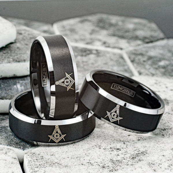 Beautiful Black Tungsten Band Ring with Masonic (Freemason) Symbol in Gold