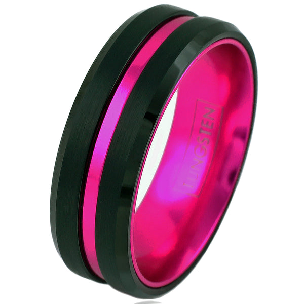 Black tungsten carbide ring hot pink anodized aluminum inner band & stripe w/ beveled edges | White photo