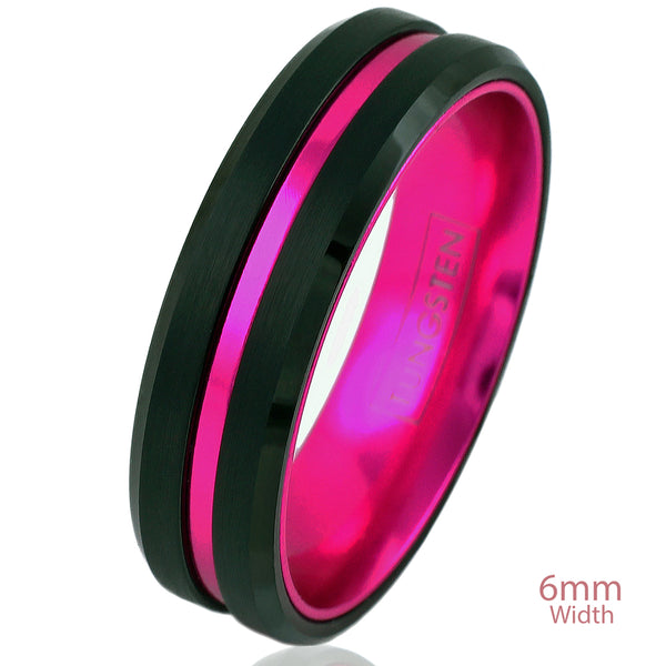 Black tungsten carbide ring hot pink anodized aluminum inner band & stripe w/ beveled edges | 6mm White photo