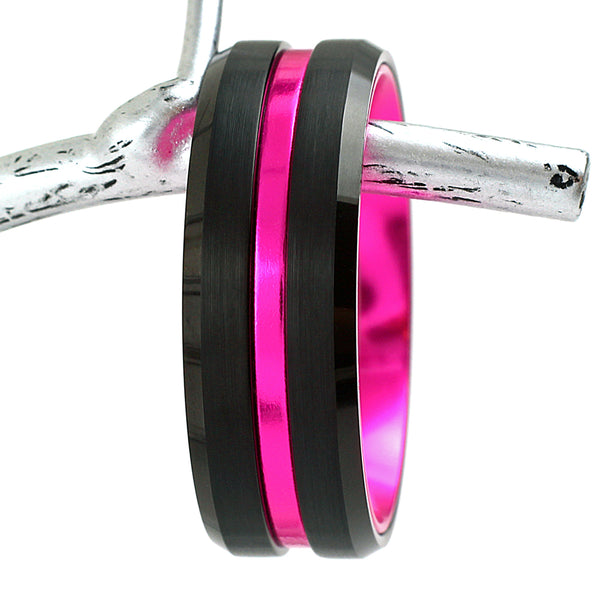 Black tungsten carbide ring hot pink anodized aluminum inner band & stripe w/ beveled edges | Twig photo 1