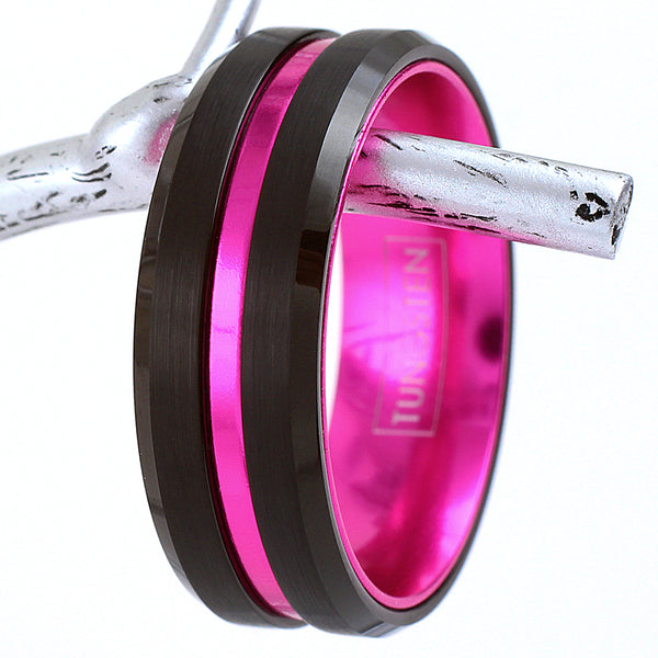 Black tungsten carbide ring hot pink anodized aluminum inner band & stripe w/ beveled edges | Twig photo 2