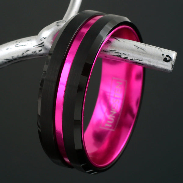 Black tungsten carbide ring hot pink anodized aluminum inner band & stripe w/ beveled edges | Twig photo 3