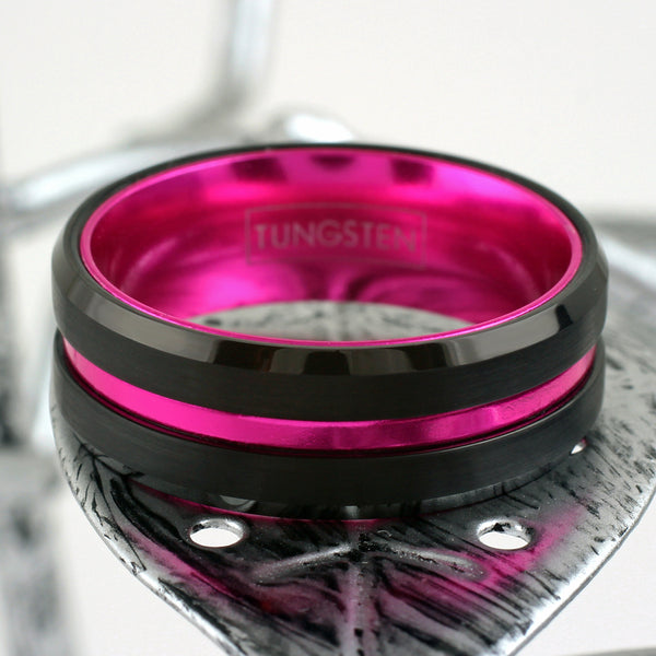 Black tungsten carbide ring hot pink anodized aluminum inner band & stripe w/ beveled edges | Leaf photo
