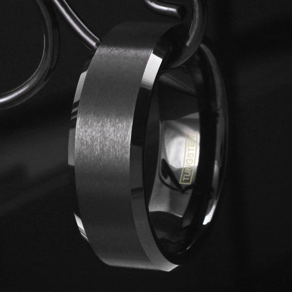 Brushed Finish Black Beveled Edge Tungsten Ring | Wholesale Tungsten Rings - Wedding Bands | Black photo