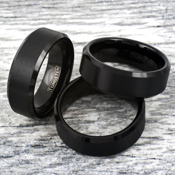 Brushed Finish Black Beveled Edge Tungsten Ring | Wholesale Tungsten Rings - Wedding Bands | Group photo