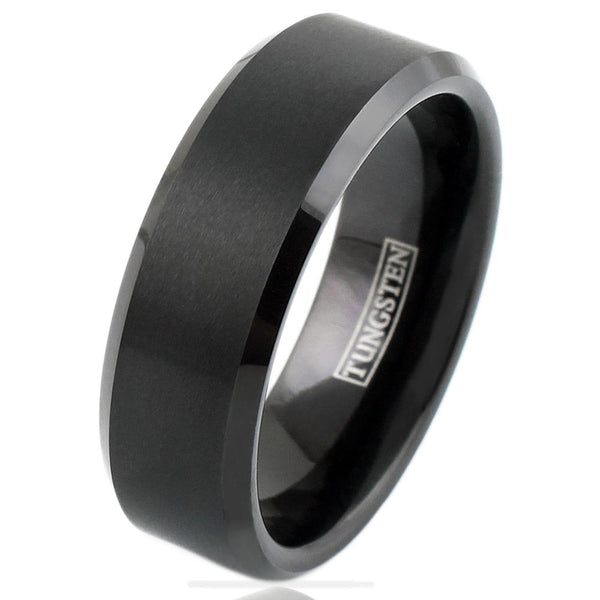 Brushed Finish Black Beveled Edge Tungsten Ring | Wholesale Tungsten Rings - Wedding Bands | White photo
