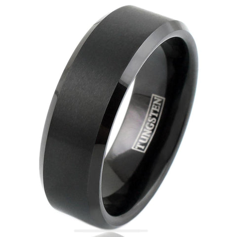 Brushed Finish Black Beveled Edge Tungsten Ring | Wholesale Tungsten Rings - Wedding Bands | White photo