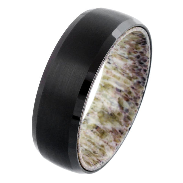 black brushed finish tungsten ring w/ deer antler inner band & beveled edges | Wholesale tungsten rings - wedding bands | tilt photo