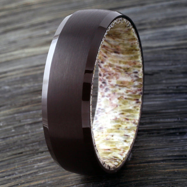 black brushed finish tungsten ring w/ deer antler inner band & beveled edges | Wholesale tungsten rings - wedding bands | wood photo