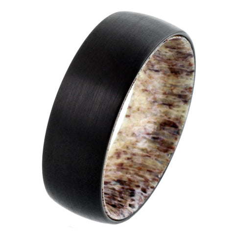 black brushed finish low dome tungsten ring w/ deer antler inner band | Wholesale tungsten rings - wedding bands | tilt photo