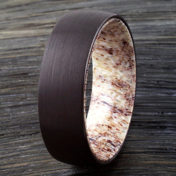 black brushed finish low dome tungsten ring w/ deer antler inner band | Wholesale tungsten rings - wedding bands | wood photo