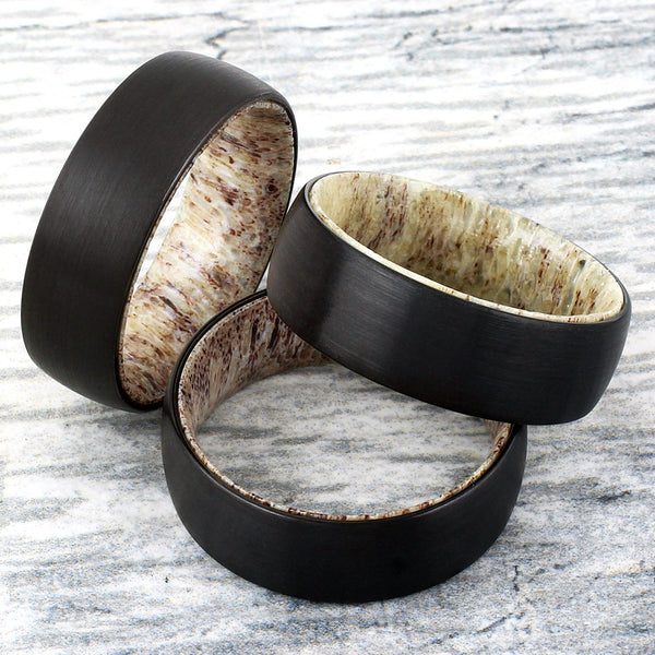 black brushed finish low dome tungsten ring w/ deer antler inner band | Wholesale tungsten rings - wedding bands | triple photo