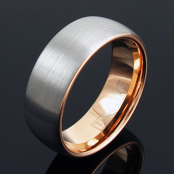 Silver brushed finish tungsten carbide ring w/ rose gold inner band | Discount Tungsten Rings & Wedding Bands | 8mm Black Photo