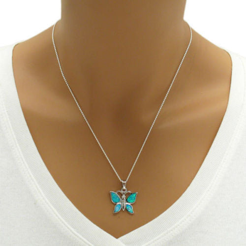 Butterfly pendant with created blue opal inlay | Wholesale 925 Sterling Silver Jewelry | Alternate photo