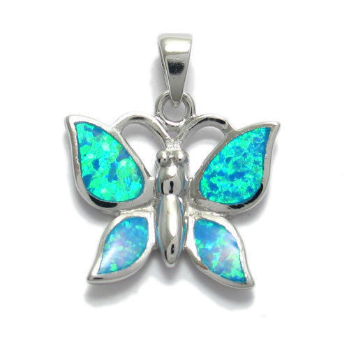 Butterfly pendant with created blue opal inlay | Wholesale 925 Sterling Silver Jewelry | Item photo