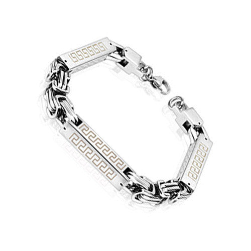 Byzantine link bracelet with Greek key engraved squared bars | Wholesale 316L Stainless Steel Jewelry
