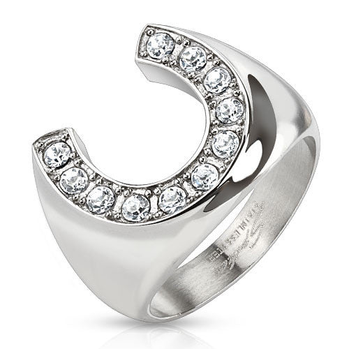 Lucky horseshoe cast stainless steel ring with CZ rim | Wholesale Jewelry