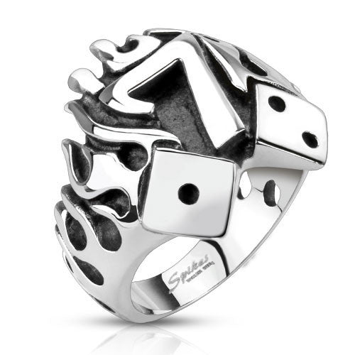 Stainless steel ring cast in a flaming lucky "7" and pair of dice | Wholesale Jewelry