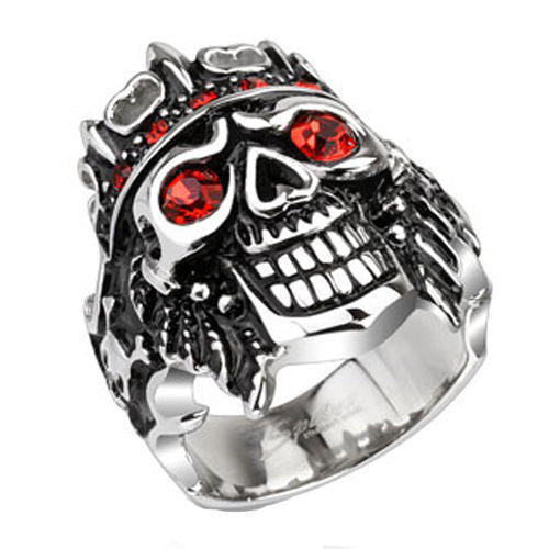 Wide cast toothy grin pirate king skull ring with red CZ eyes | Wholesale Jewelry