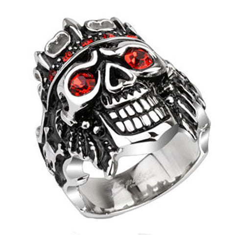 Wide cast toothy grin pirate king skull ring with red CZ eyes | Wholesale Jewelry