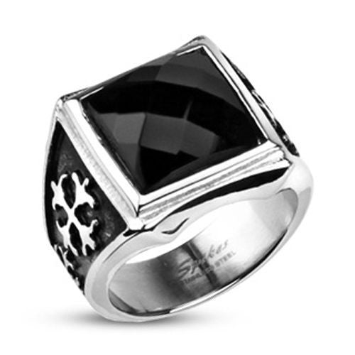 Cast stainless steel ring with huge faceted onyx colored CZ and Celtic cross sides | Wholesale Jewelry