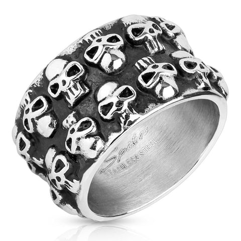 Cast stainless steel ring with two rows of clustered skulls | Wholesale Jewelry | Main photo