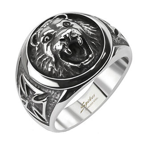 Cast stainless steel signet ring with lion's head and maltese crosses on sides | Wholesale Jewelry