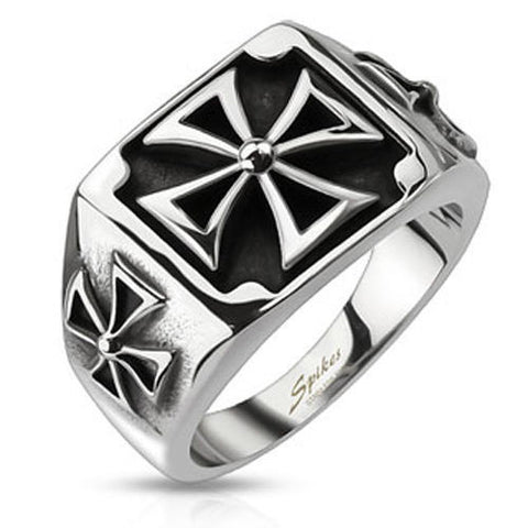 Cast stainless steel ring with Maltese cross plate and on sides | Wholesale Jewelry