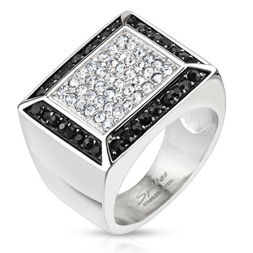 Cast stainless steel signet ring with clear CZ plate and black CZ border | Wholesale Jewelry