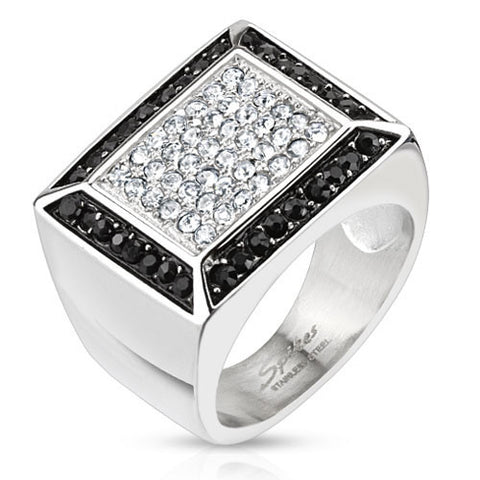 Cast stainless steel signet ring with clear CZ plate and black CZ border | Wholesale Jewelry