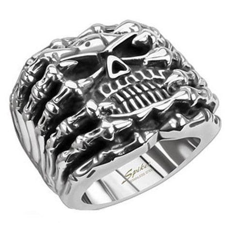 Cast stainless steel skeleton ring with bone hands holding a skull | Wholesale Jewelry