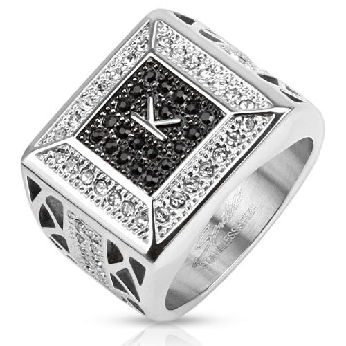 Stainless steel signet ring with "K" surrounded by black CZs with clear CZ border | Wholesale Jewelry