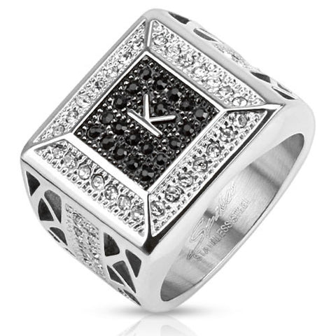 Stainless steel signet ring with "K" surrounded by black CZs with clear CZ border | Wholesale Jewelry