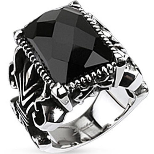 Stainless steel Gothic themed ring with huge rectangular faceted onyx | Wholesale Jewelry