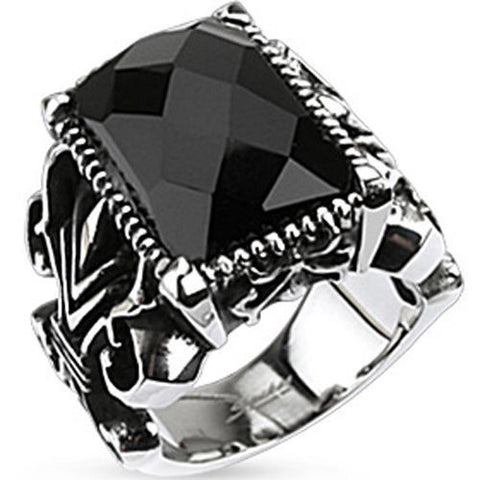Stainless steel Gothic themed ring with huge rectangular faceted onyx | Wholesale Jewelry