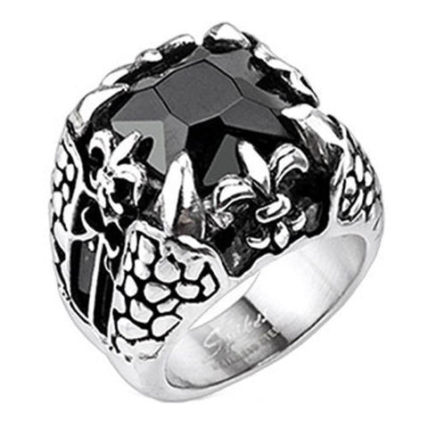 Ring with Fleur de Lis and Dragon Claws Grasping Black CZ | Wholesale stainless steel rings - Jewelry