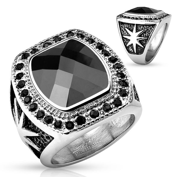 Cast stainless steel ring with large black CZ gem | Wholesale stainless steel rings - Jewelry | Main photo